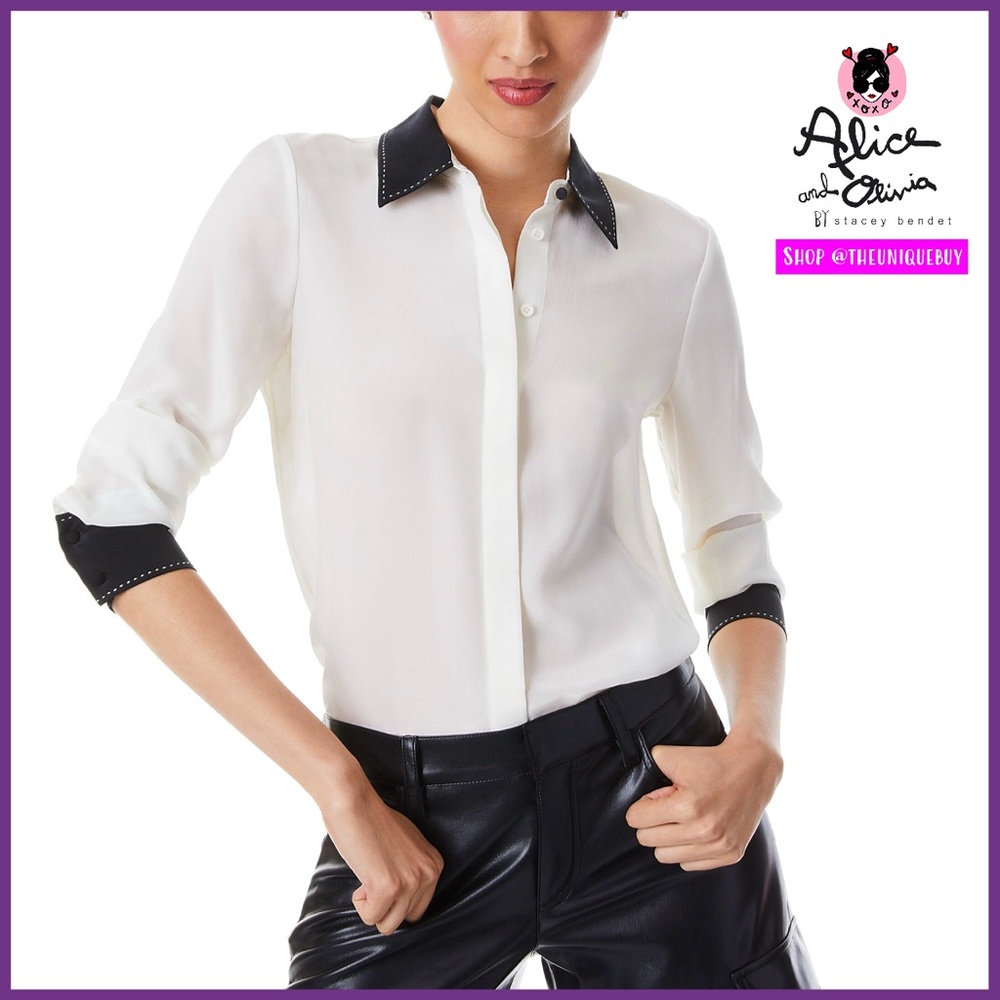 Alice + Olivia Willa Off White Black Placket Button Down Top